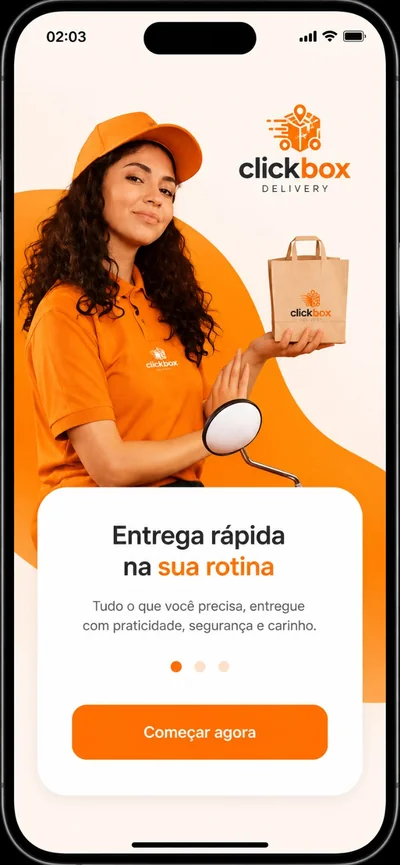 Tela de apresentação do aplicativo Clickbox para clientes, com a mensagem Entrega rápida na sua rotina e o botão Começar agora