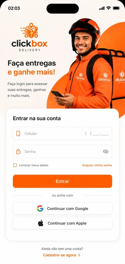 Tela de acesso do Clickbox Delivery para entregadores acompanharem entregas e ganhos