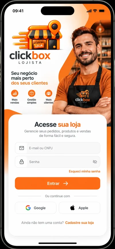 Tela de acesso do Clickbox Lojista para gerenciamento de pedidos, produtos e vendas