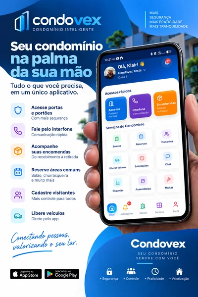 Banner oficial do Condovex mostrando o aplicativo e recursos de acesso, interfone, encomendas, reservas e visitantes