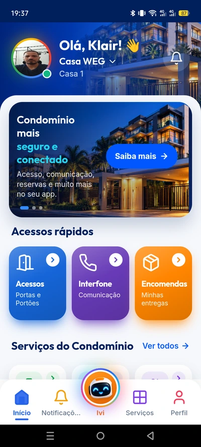 Tela inicial do aplicativo Condovex com perfil do morador, acesso, interfone, encomendas e serviços do condomínio